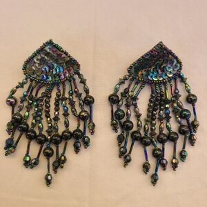 80s Beaded Sequin Statement Earrings, Black Rainbow Iridescent Beads